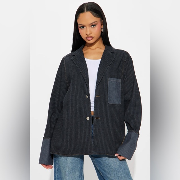 NEW! FASHION NOVA 'Nour' Pinstripe Cuffed Oversized Denim Blazer Jacket - Picture 10 of 14